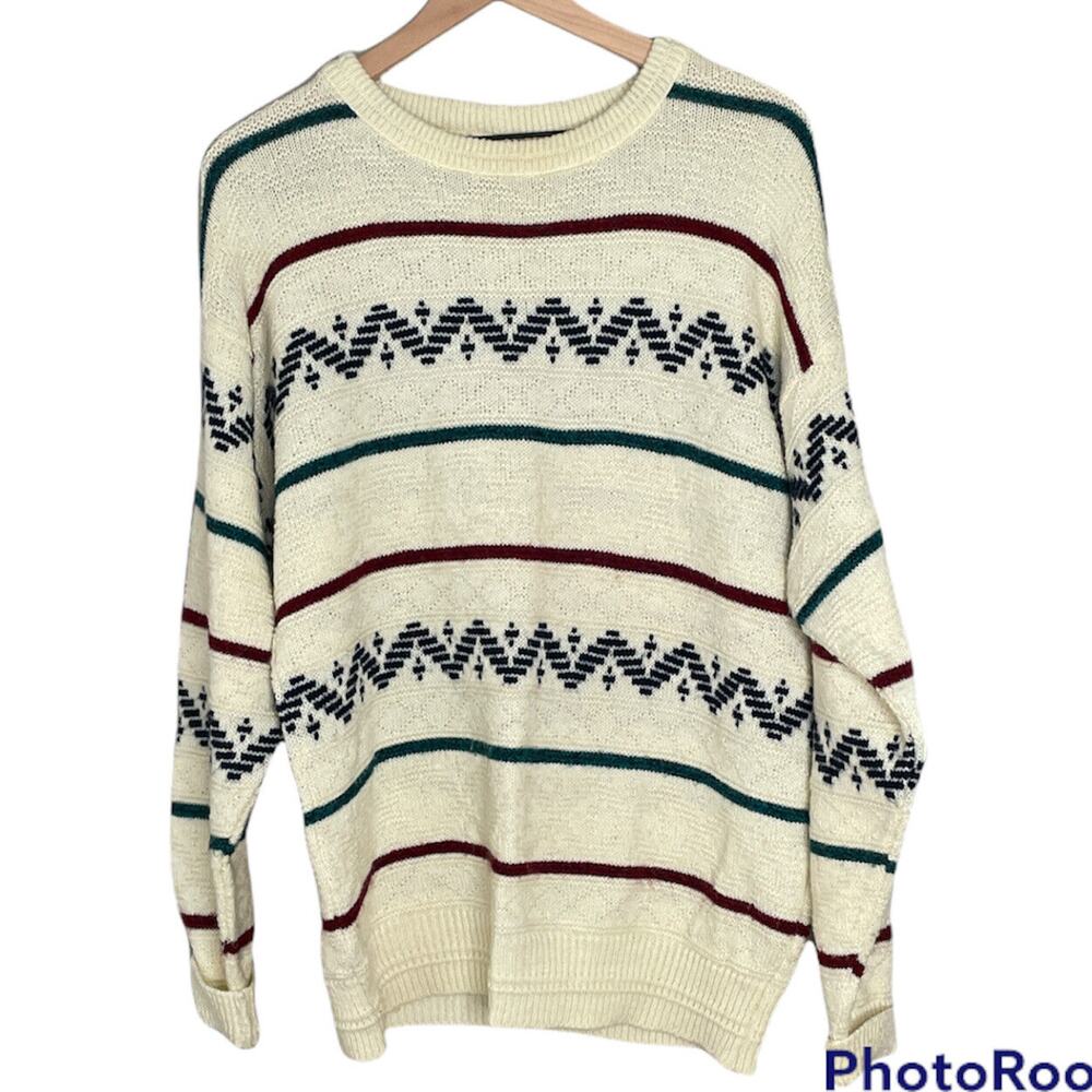 Vintage LOAFERS Oversized Knit Sweater M Mens Womens Green Blue Cream